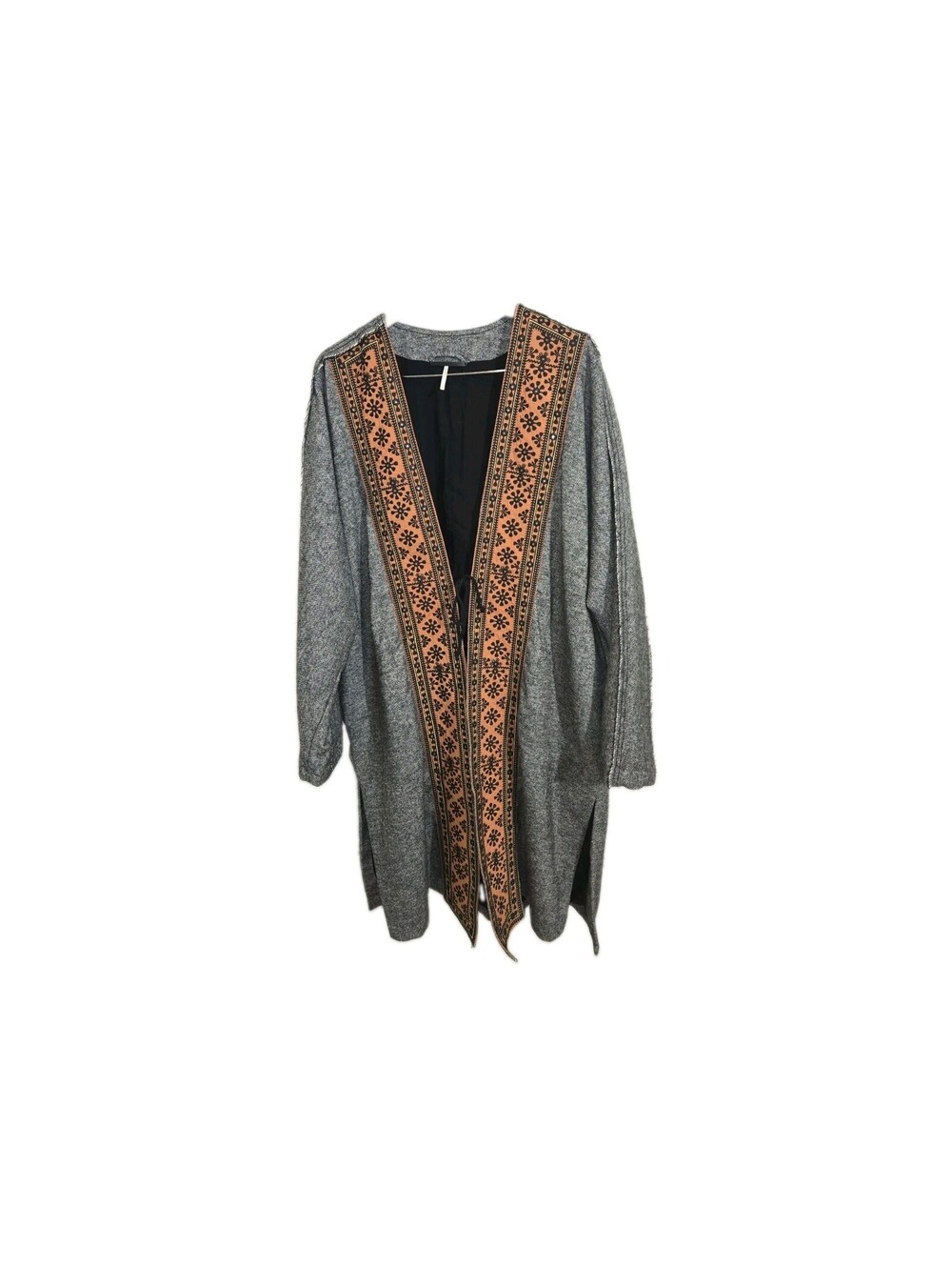free people large wool blend Duster/coat Embroidered Floral Tweed Pockets...